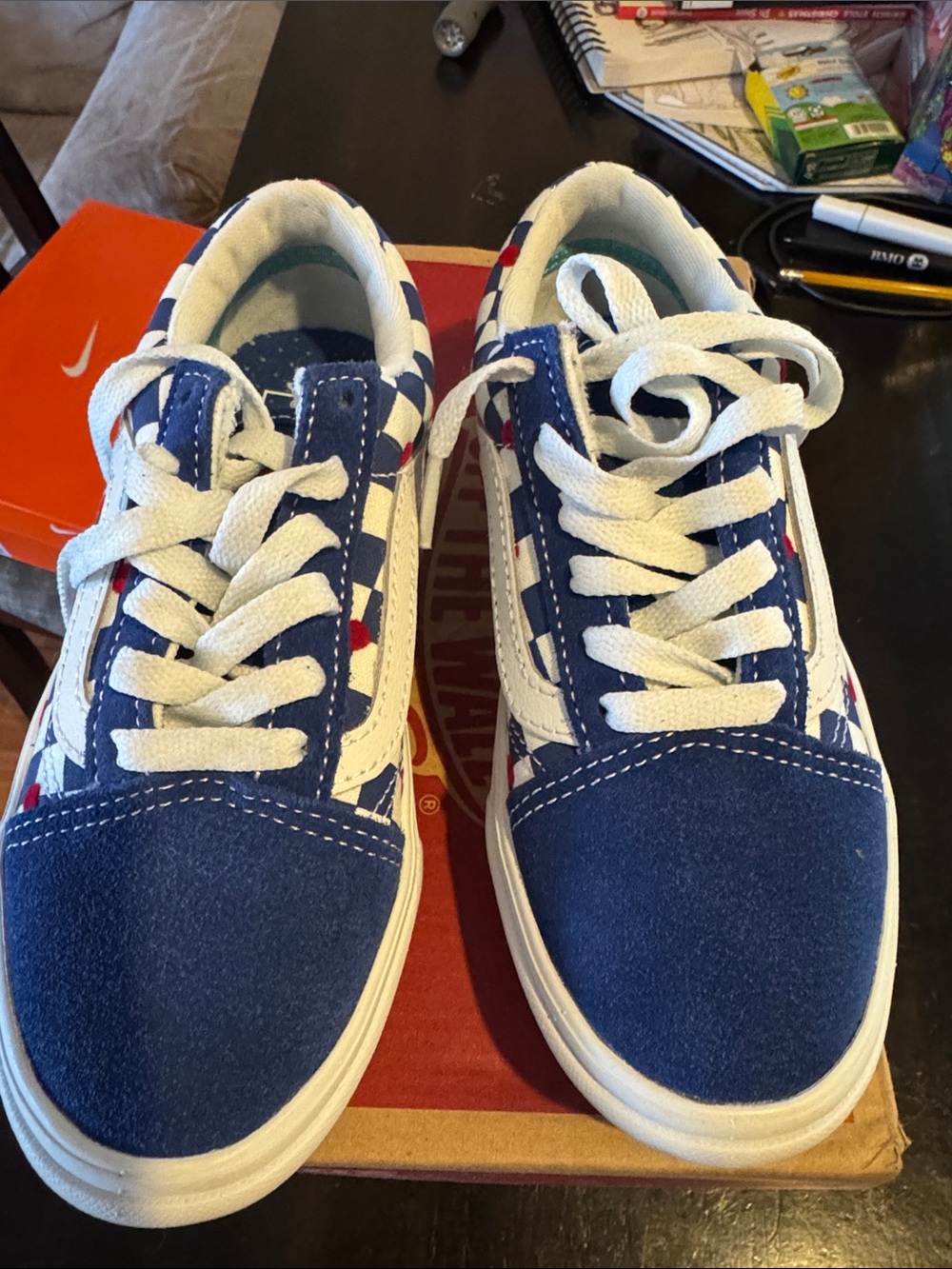 Vans Kids Navy Blue & White Checkerboard Lace-Up Sneakers with Red Accents